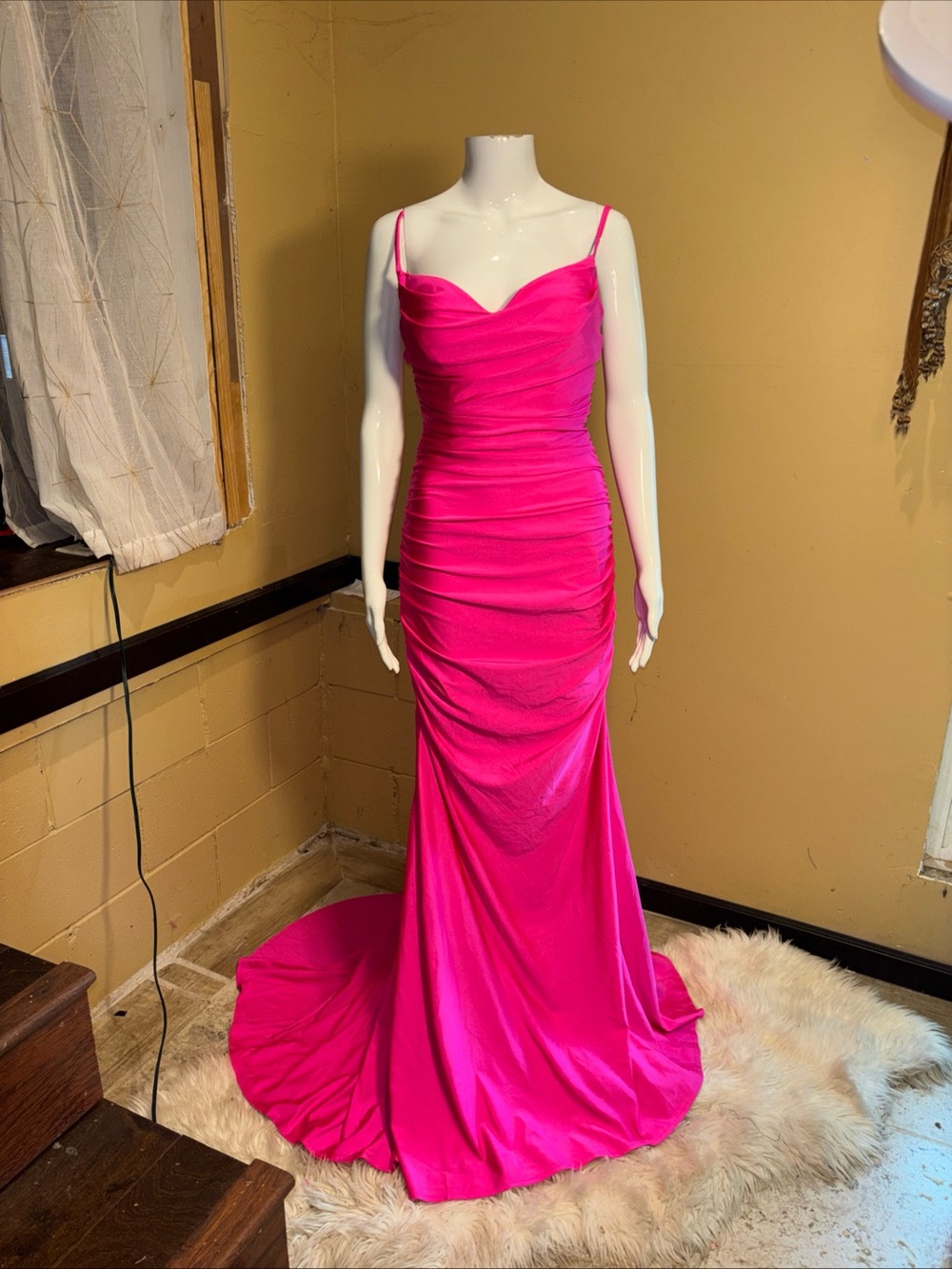 Hot Pink Ruched Spaghetti-Strap Prom Gown